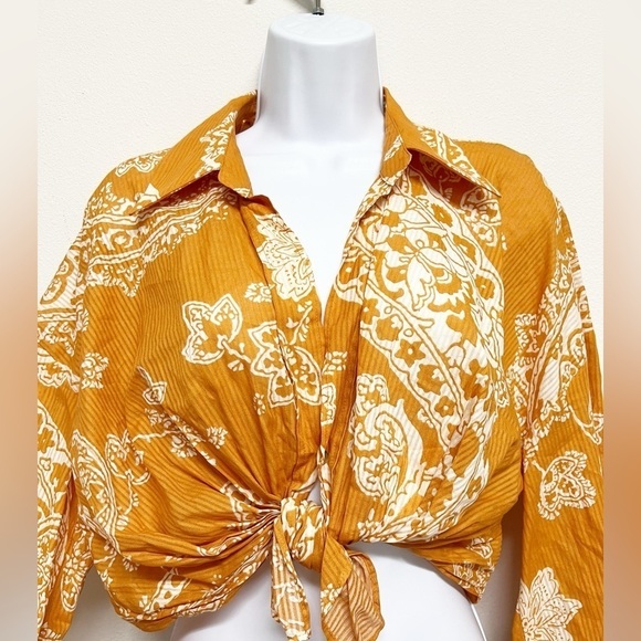 Zara Womens Orange Paisley Print Knotted Crop Top Button Up Blouse Size S - Picture 5 of 8
